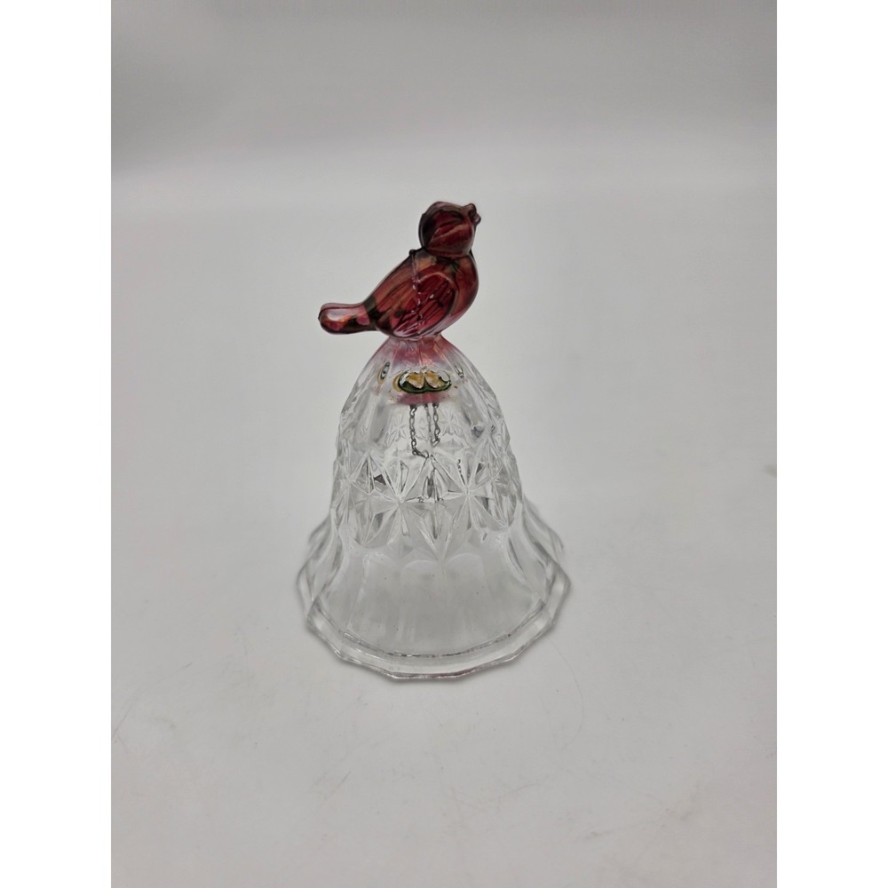 Pressed Glass Decorative Bell Clear Red Bird Top Diamond Pattern 4.5 Inch Glossy
